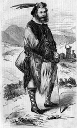 Portret van Roualeyn George Gordon Cumming (1820-1866), Schotse reiziger en leeuwenjager. Gravure door Linton in 