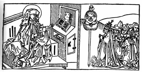 Portret van Sint Brigitte van Zweden (1103 - 1373). Gravure uit “Leben der Heiligen - sommerteil” (Het boek van de heilige) door Jacobus (James) van Voragine (1228-1298). Lübeck 1488