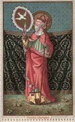 Portret van Saint Remi (437-533) bezoek door de duif van de Heilige Geest. Chromolithografie uit de late 19e eeuw.