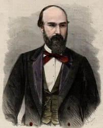 Portret van Santos Gutierrez (1820-1872), politicus en voormalig president van de Verenigde Staten van Colombia. Gravure in 