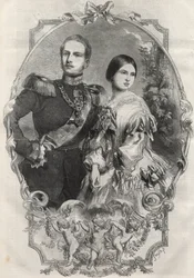 Portret van Hare Koninklijke Hoogheden Prinses Victoria (1840-1901) (Koningin Victoria) en Kroonprins Frederik Willem van Pruisen (1831-1888). Gravure uit 1858