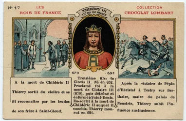 Portret van Thierry III, koning der Franken van 673 tot 691, begin 20e eeuw (chromo)