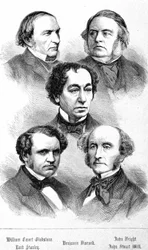 Portret van William Ewart Gladstone, John Bright, Lord Stanley, John Stuart Mill en Benjamin Disraeli - in 
