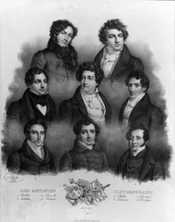 Portret van verschillende operazangers: Giovanni Battista Rubini, Luigi Lablache, Domenico Donzelli, Adolphe Nourrit, Choblet, Nicolas Prosper Levasseur, Louis Antoine Ponchard