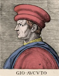 Portret van de Engelse huurling en condottiere John Hawkwood (Giovanni Acuto). Houtsnede uit de 16e eeuw