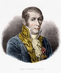 Portret van Alessandro (Alexandre) Volta (1745 - 1827). Italiaanse natuurkundige, uitvinder van de elektrische batterij. 19e-eeuwse gravure