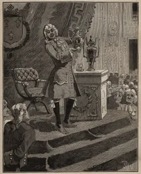 Pottenbakkerij: Pierre Joseph Macquer (1718-1784) presenteert aan de Academie het eerste harde porselein gemaakt in Frankrijk door de fabriek van Sèvres in 1769. Gravure uit 1885 in 
