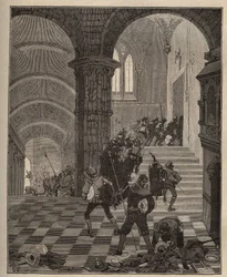 Aardewerk: vernietiging van de “Henri II” fabriek tijdens de plundering van het kasteel van Oiron (Deux Sèvres) in 1568 tijdens de Liga. Gravure uit 1885 in “Les arts et métiers illustrés” door Adolphe BITARD