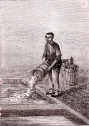 Kalk in het bekken gieten, papierfabricage in China (3e eeuw v.Chr.) (gravure