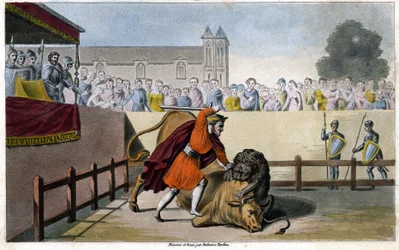 Pepijn de Korte doodt een leeuw die vecht met een stier - gravure