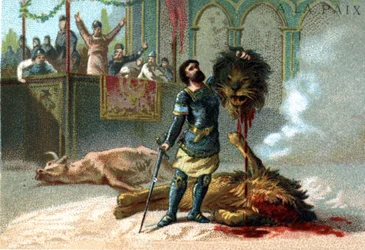 Pepijn de Korte (715-768), koning van de Franken, vecht tegen een leeuw en een stier tijdens de feesten ter ere van zijn kroning in 751