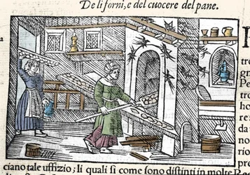 Voorbereiding en bakken van brood in een oven. Gravure door Olaus Magnus (1490-1557), Zweedse geestelijke en geograaf, 