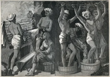 Voorbereiding van lak in India. Gravure uit 1885 in “Les arts et métiers illustrés” door Adolphe BITARD
