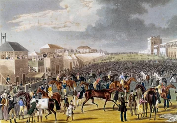 Voorbereidingen voor een Epsom-race (Epsom Oaks: Engelse paardenrace). Gravure van de 19e eeuw