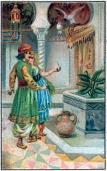 Prins Ahmed met de fee. Geschiedenis van Prins Ahmed en de fee Paris-Banou. Verhaal van 1001 nachten. Chromolithografie van het einde van de 19e eeuw.