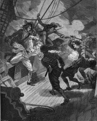 Kaper Jean Bart (1650-1702) nadert een schip. Gravure uit de 19e eeuw. In 