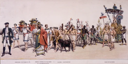 Processie van de oogsters en wagen van Bacchus (Bacco) - in "Officieel album van het wijnmakersfeest"