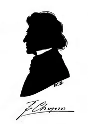 Profiel silhouet van de Poolse componist Frederic Chopin (1810-1849) met handtekening. 19e eeuw