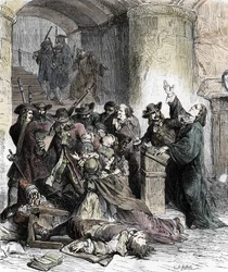 Verbod op preken en arrestatie van protestanten na de herroeping van het Edict van Nantes (dragonnades onder Lodewijk XIV (1681-1686): katholieke soldaten, dragonders, vermoorden de protestanten. 19e eeuw