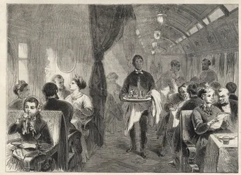 Pullman eetwagon van de Pacific Railways in 1869 - binnenkant van een hotelwagon op de Pacific Railway