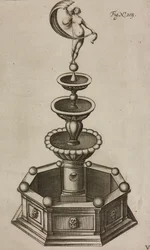 Pyrotechnische fontein die vuurwerksysteem binnenin verbergt, gravure uit Grand Art d