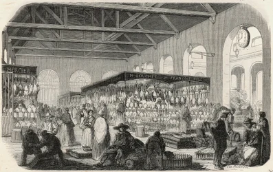 Quai des Augustins: Marche de la Vallee - Gravure in Tableau-de-Paris door Edmond Texier