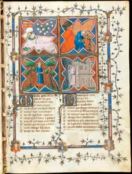 Vier mannen bezig met verschillende activiteiten, pagina uit het manuscript "Le Roman de la Rose" van Guillaume de Lorris en Jean de Meun