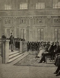 Koningin Margherita van Savoye (1851-1926) woont concert bij in Istituto dei ciechi, Milaan, Italië, tekening door E X uit L