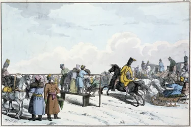 Race van tanks en paarden in Rusland - gravure