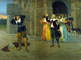 Raimondo kondigt Edgar in de slotscène van akte III van de opera „Lucie de Lammermoor“ (Lucia) van Gaetano Donizetti de dood van Lucia aan.