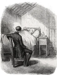 Rastignac bleef alleen bij de oude man, zittend aan het voeteneinde van het bed... Gravure midden 19e eeuw. Illustratie voor 