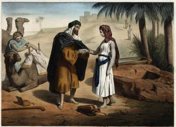 Rebecca en Eliezer bij de bron: Eliezer van Damascus, belast met het vinden van een vrouw voor Isaac in Mesopotamië, brengt Rebecca terug. Anonieme gravure uit de 19e eeuw.