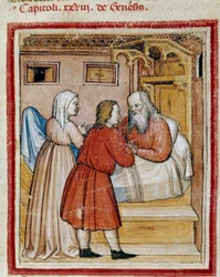 Rebecca brengt haar zoon Jacob, die door haar broer Esau wordt bedreigd, voor haar man Isaak om zijn zegen te ontvangen