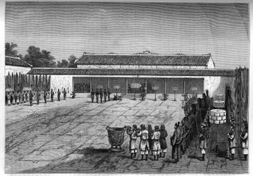 Ontvangst van de Franse gevolmachtigde in Hue door de koning van Annam. Gravure in 