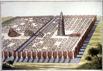 Gereconstrueerd zicht op de oude stad Babylon, met de omheining, de hangende tuinen en de ziggurat.