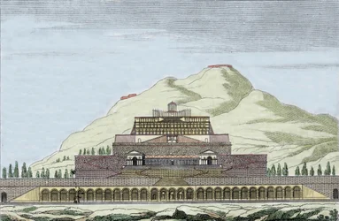 Reconstructie van de tempel van Fortuna (Romeinse godin van het toeval) in Palestrina, Italië. Gravure uit de 19e eeuw