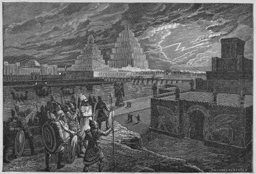 Reconstructie van de tempels en paleizen langs de rivier van Babylon - Mesopotamië: reconstructie van de stad Babylon, gebouwd onder het bewind van koning Nebukadnezar II.