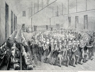 Religieuze processie van de Shakers in New York. Illustratie uit de 19e eeuw.