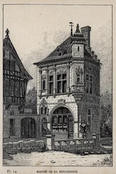 Renaissance huis - gravure van 1889 in 