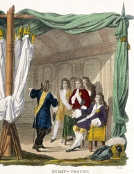 René Duguay Trouin (Duguay-Trouin) (René Trouin du Gué genaamd) (1673-1736) voor koning Lodewijk XIV (1638-1715). Gravure uit de 19e eeuw.