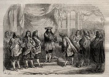 René Duguay-Trouin (1673-1736) ontvangt het kruis van Saint-Louis uit handen van koning Lodewijk XIV - gravure in 