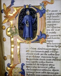 Voorstelling in een lettrine van de dichter Dante Alighieri (1265 - 1321), miniatuur 14e eeuw