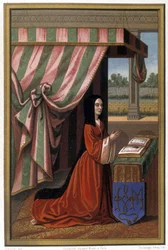 Afbeelding van Anne de France bekend als Anne de Beaujeu (1461-1522) in gebed. Ze is de dochter van Lodewijk XI en Charlotte van Savoye. Chromolithografie na verlichting