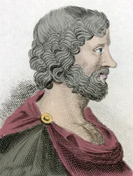 Voorstelling van Aristippos van Cyrene (435-356 v.Chr.), Griekse filosoof en leerling van Socrates, gravure uit de 19e eeuw.