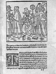 Voorstelling van Diogene Laerce (midden) omringd door verschillende denkers en filosofen. Pagina uit Levens, doctrines en uitspraken van beroemde filosofen door dichter en historicus Diogene Laerce, 1495