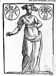 Voorstelling van Hecate, Griekse kwaadaardige godheid, die werd opgericht op kruispunten, meestal met drie hoofden. Gravure uit de 17e eeuw