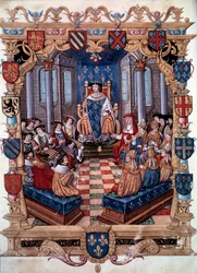 Voorstelling van koning Francois I (1494-1547) omringd door zijn twaalf gelijken. Uit een miniatuur. 16e eeuw. Chantilly, Conde Museum