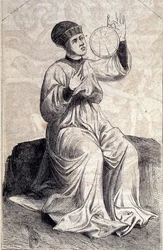 Voorstelling van een astroloog die een astrolabium gebruikt in de 15e eeuw. Gravure uit 
