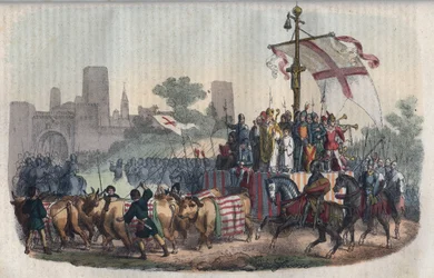 Voorstelling van de Carroccio, een grote kar met de stadstekens en waar de milities van de gemeenten van de Po-vlakte zich verzamelden, uitgevonden door de aartsbisschop van Milaan Aribert (Ariberto) in 1037 tijdens het beleg van de stad door keizer Conrad