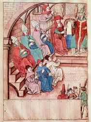 Afbeelding van het Concilie van Konstanz tussen 1414 en 1418, bovenaan Paus Martinus V Miniatuur uit de 